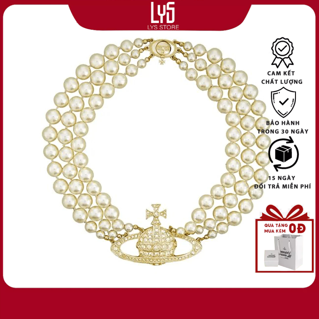 Dây Chuyền Lys Three Row Pearl Bas Relief Choker Gold Tone Màu Vàng Gold 6206