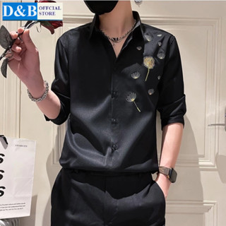 Áo sơ mi vải lụa Nam thêu hoa Bồ Công Anh - Phong cách Hàn Quốc 2024