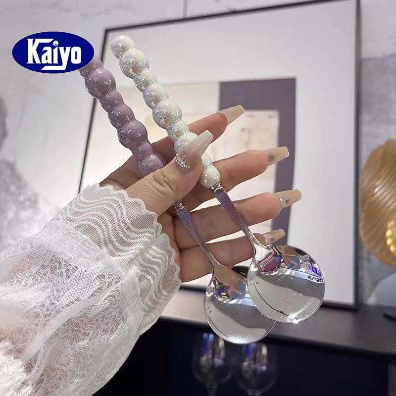 Kaiyo Cao Cấp Thép Không Gỉ Ngọc Trai Tay Cầm Thìa Canh Bộ Đồ Ăn Ánh Sáng Ngọc Trai Sang Tay Cầm