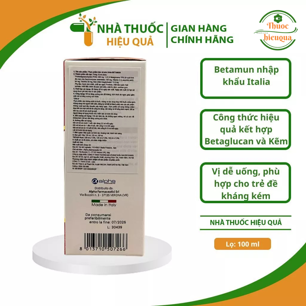 Betamun I Siro ăn ngon, tăng sức đề kháng xuất xứ từ Italia I Chứa Beta Glucan chiết xuất từ nấm men hiệu quả cao
