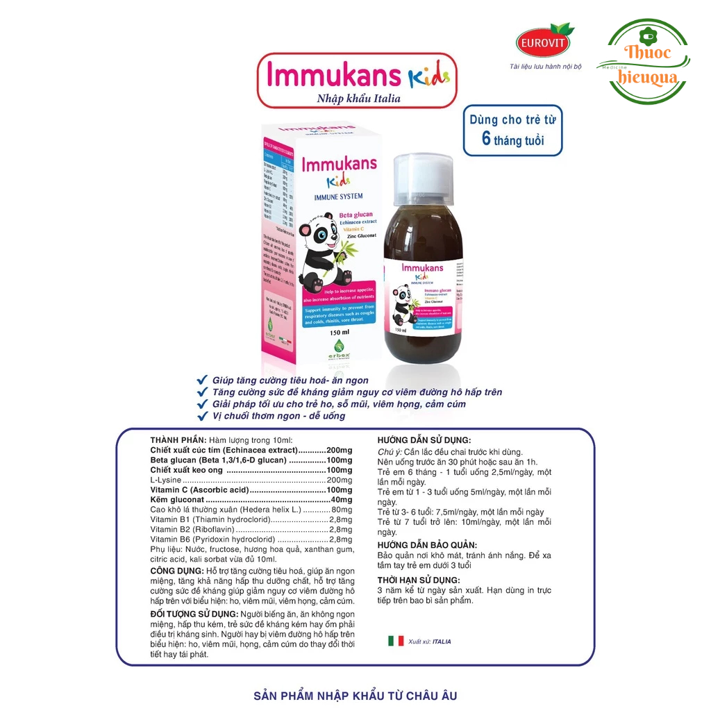 IMMUKANS KIDS Siro Ăn Ngon Và Tăng Sức Đề Kháng Cho Bé 150ml I Chính hãng Italia I thuochieuqua