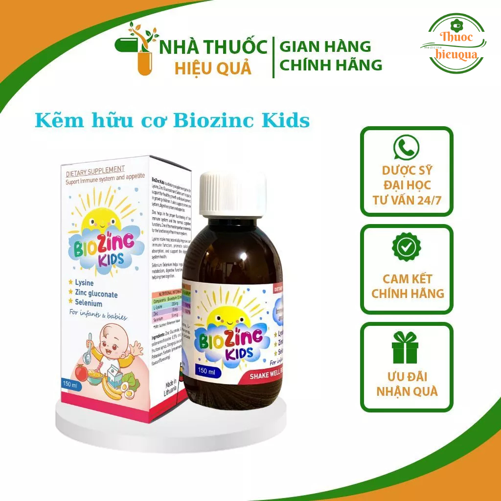 Kẽm Hữu cơ Biozinc Kids I Nhập khẩu từ Châu Âu, thêm Lysine hàm lượng cao giúp bé ăn ngon, tăng sức đề kháng.Chai 150 ml