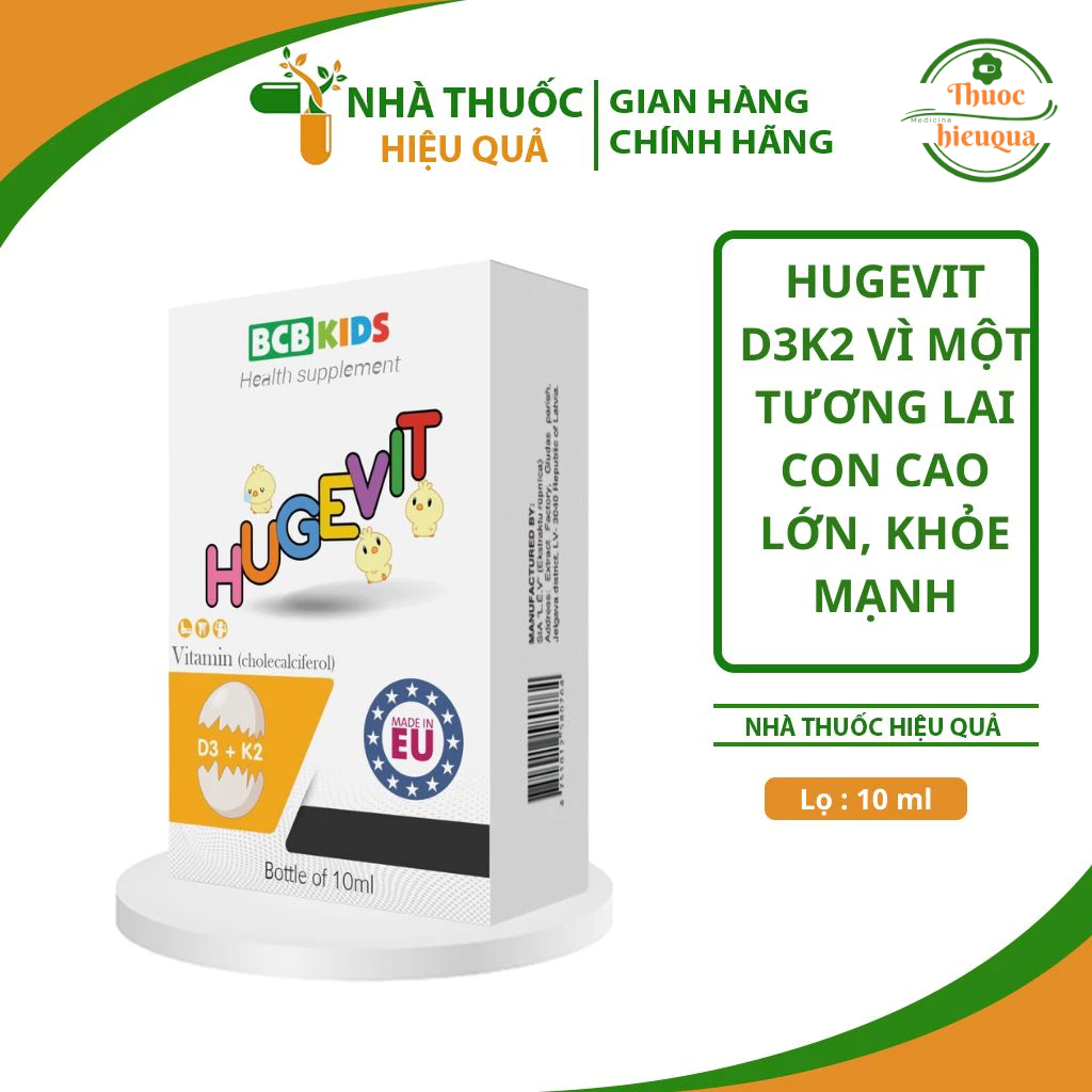 Hugevit I D3K2 MK7 nhập khẩu Châu Âu I Bổ sung Vitamin D3 K2 giúp hấp thu canxi cho bé cao lớn, chắc