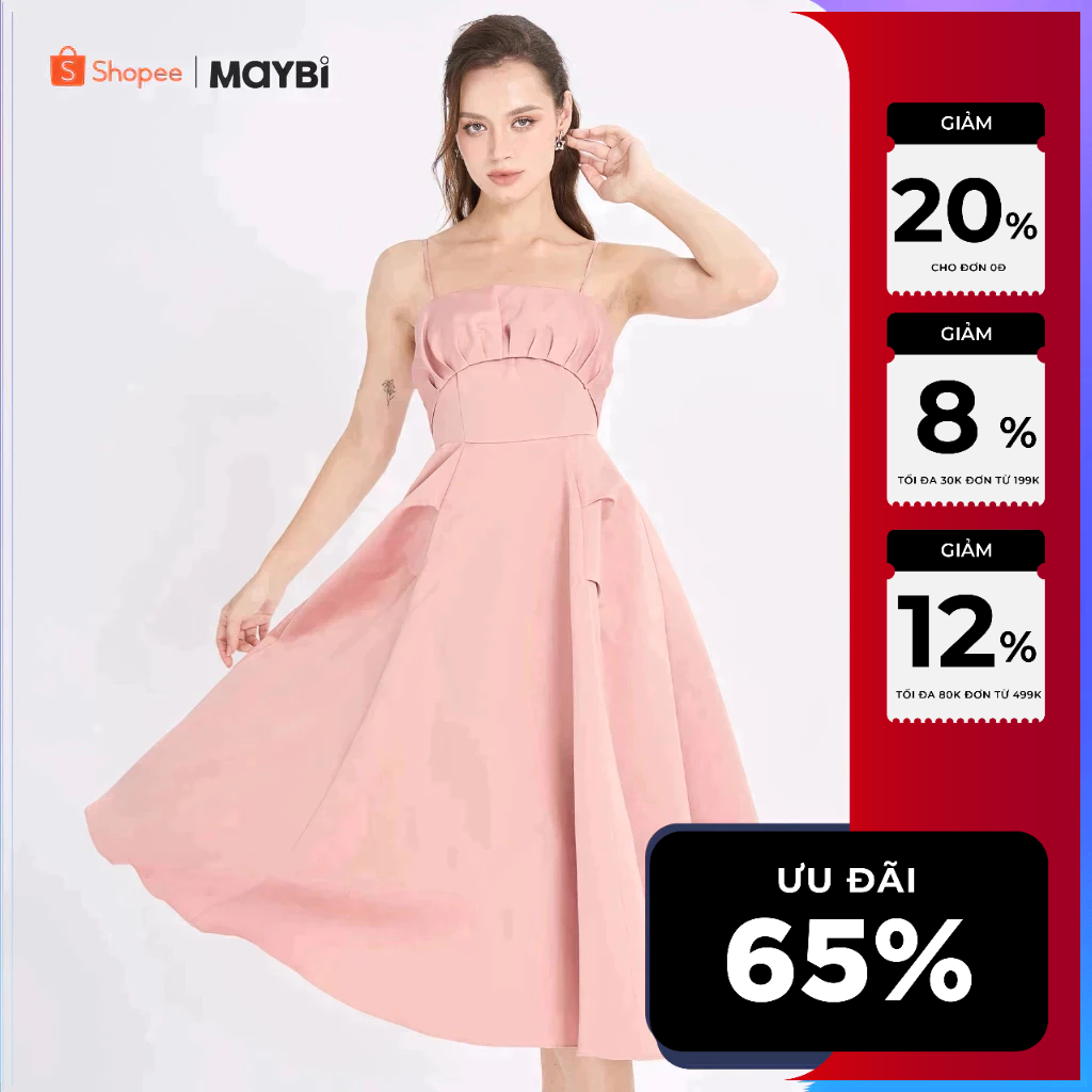 Đầm midi xòe phi 2 da xếp ly cup Maybi