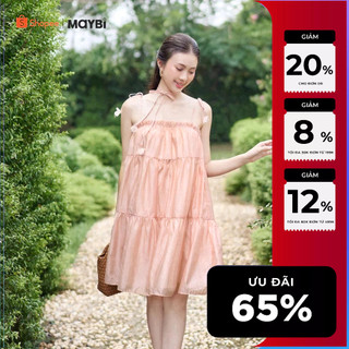 Đầm baby doll tơ queen màu hồng da phối dây cột nơ Maybi