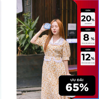 Đầm Maybi gài nút xòe lụa cổ đan-tông phối ren