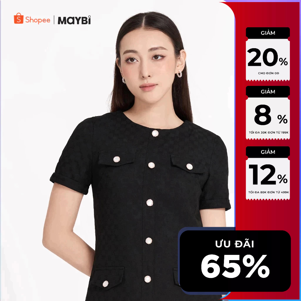 Đầm mini suông xốp dệt nút kiểu Maybi