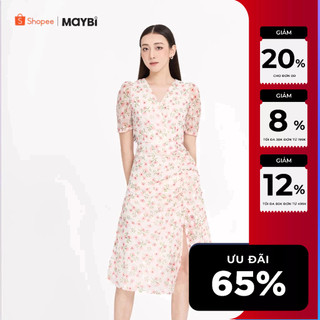 Đầm midi voan dệt hoa đắp tà phối tùng nhún Maybi