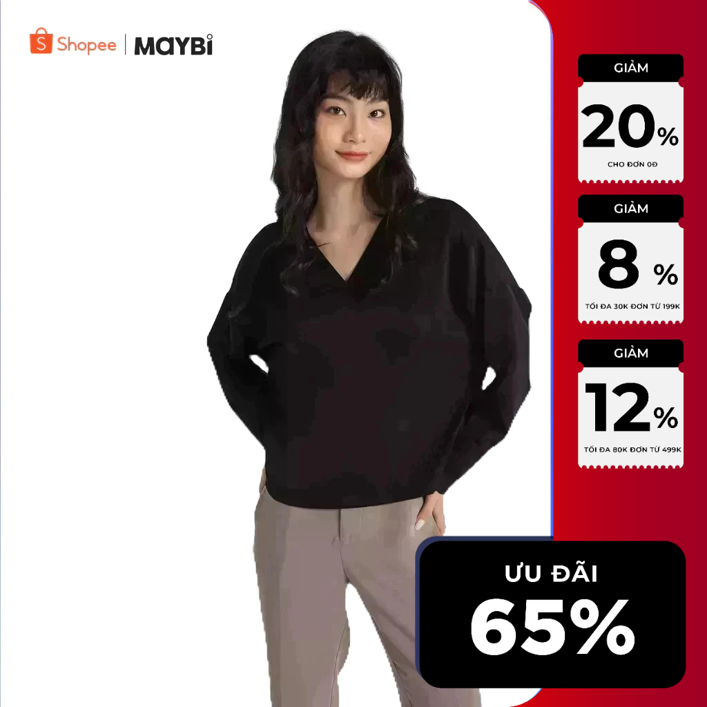 MAYBI Áo suông lụa nhung đen cổ V kiểu