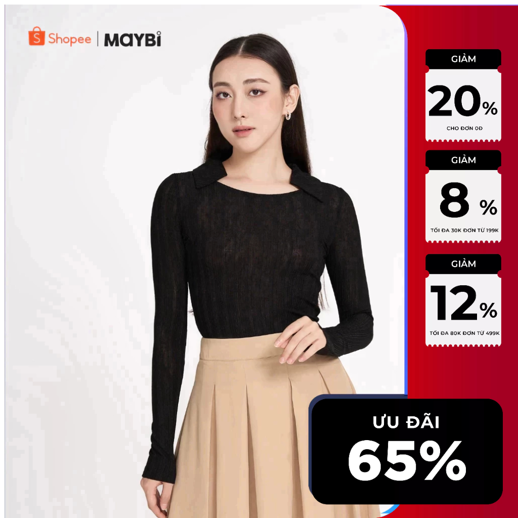 MAYBI Áo ôm thun sọc phối lá cổ