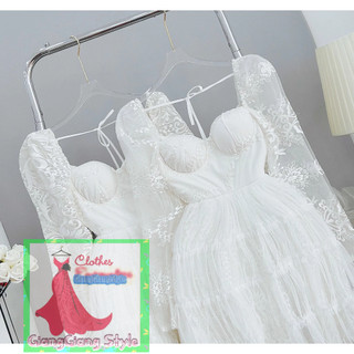 VÁY REN LƯỚI CÚP TAY BỒNG DÀI 080824