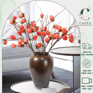  Cành Quả Hồng Giả 9 Quả Tròn 90cm CASTA FLOWER - Cành Quả Giả Cắm Bình Hoa Để Bàn Trang Trí Nhà Cửa 