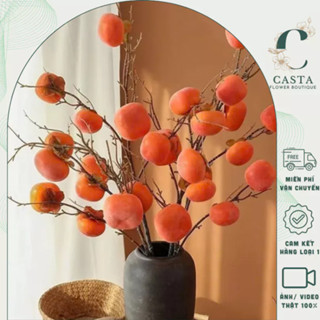 Cành Quả Hồng Giả Dẹt 7 quả CASTA FLOWER Cao Cấp - Trang Trí Phòng Khách Cắm Hoa Bình Hoa Để Bàn