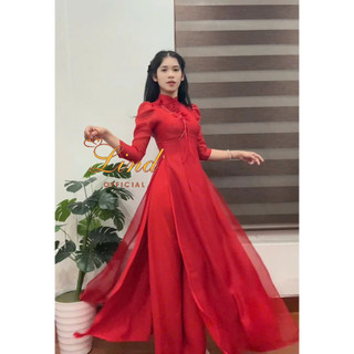  Áo dài tơ mềm 4 tà màu đỏ đính hoa nhà Lind 