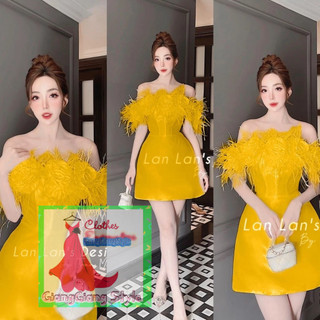 VÁY VÀNG TRỄ VAI ĐÍNH HOA QUẤN LÔNG TUA 010224