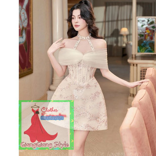 VÁY XÒE KIM SA PHỐI LƯỚI TRỄ VAI PHỐI CỔ CHOCKER ĐÍNH ĐÁ 240124