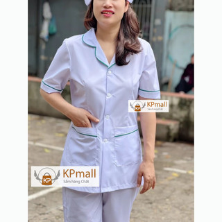   Ảnh thật  Bộ Blouse Trắng có viền Xanh Lá bo tròn cổ nữ tính - Áo blu trắng điều dưỡng dược sỹ thẩm mỹ viện spa 