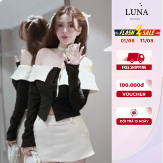 Set Đồ Hot Girl Luna Design Áo Kiểu Len Dệt Trễ Vai Kèm Chân Váy Phối Dây Hoa Eo Hẹn Hò Dạo Phố Sang Chảnh Thanh Lịch