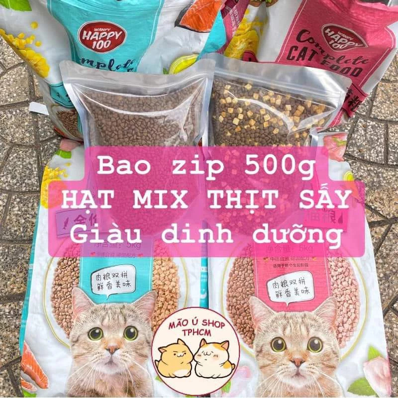[BAO 500G] HẠT MIX THỊT WANPY HAPPY100 - HẠT DINH DƯỠNG CHO MÈO MỌI LỨA TUỔI
