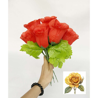 Cành hoa hồng giả - hoa vải lụa màu đỏ