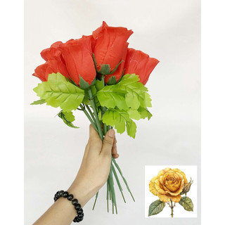 Cành hoa hồng giả - hoa vải lụa màu đỏ