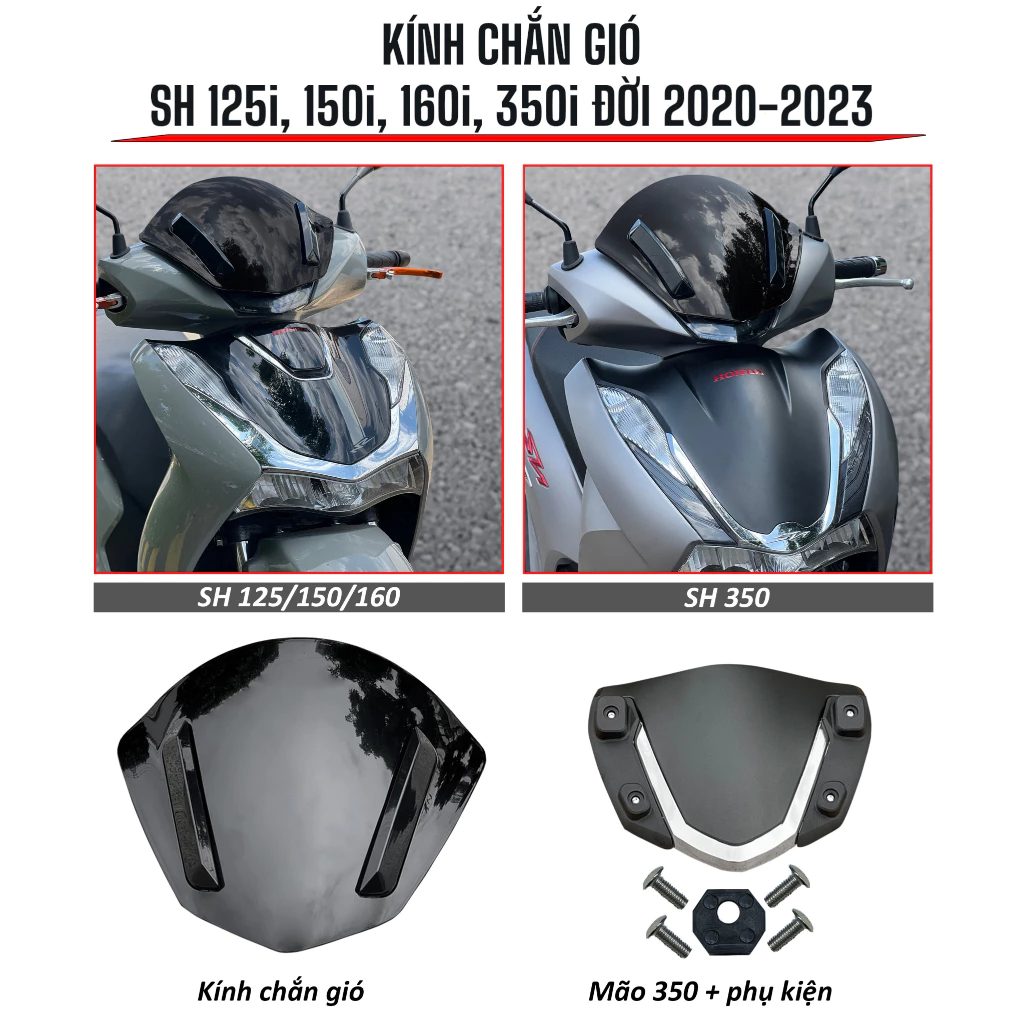 Kính chắn gió SH 350i cho SH 125i, 150i, 160i đời 2020 - 2025 - Đen Bóng
