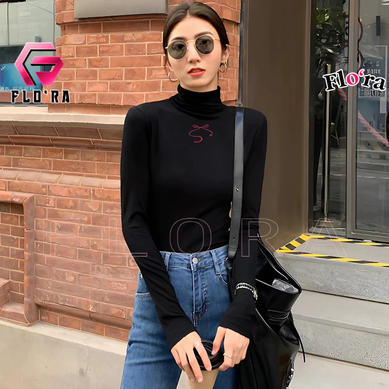 Áo Thun TAY DÀI CỔ LỌ THÊU NƠ DÁNG DÀI Nữ, Áo Thun Babytee Trơn Cổ Cao Kiểu Trơn Thun Gân Flo'ra