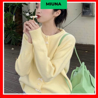 Áo cardigan croptop Miuna phối cúc ngọc kèm nơ, Áo len nhiều màu Basic Hàn Quốc