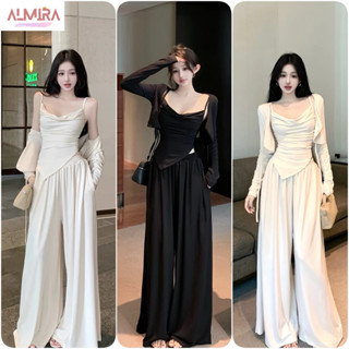 Sét Bộ Đồ Nữ 3 Món Chất Thun Tăm Gồm Áo 2 Dây Đổ Nguc Vạt Nhọn + Áo Cardigan Ngắn + Quần Suông Dài