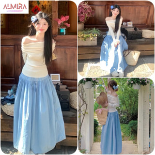 Sét Váy 2 Món Tiểu Thơ Gồm Áo Trễ Vai Nhún Vai Tay Dài Trắng + Chân Váy Xoè 2 Tầng Xanh