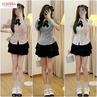 Sét Váy Thanh Lịch Gồm Áo Sơ Mi Nơ Cổ + Chân Váy Xoè 2 Tầng