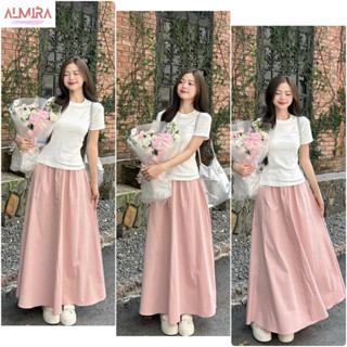 Sét Váy Nàng Thơ Gồm Áo Babytee Màu Trắng+ Chân Váy Dáng Dài Chất Thô