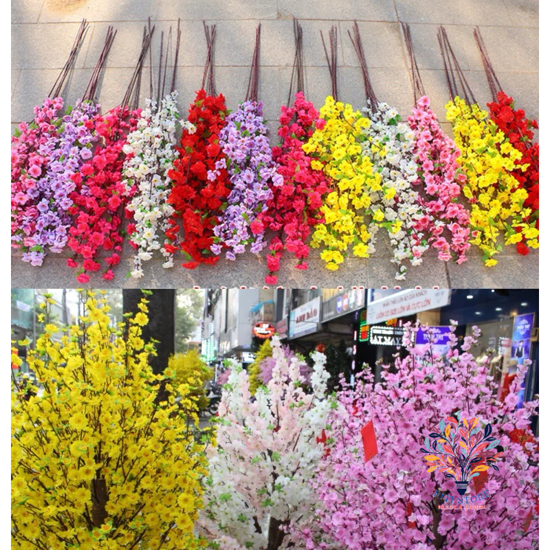 Sỉ Combo 10 Cành Hoa Mai Hoa Đào Giả Trang Trí Tết, Decor Cây Hàng Đẹp 5 Nhánh, Trang Trí Lễ Hội, Năm Mới