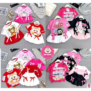 (15-40kg) Set thun cotton in hình Labubu, Baby Three ngộ nghĩnh phối CHÂN VÁY BÍ đính nơ xinh xắn cho bé gái