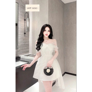 V003 - Đầm tafta ngắn phối lưới đính hoa ngọc trễ vai đi tiệc đen trắng kem SML