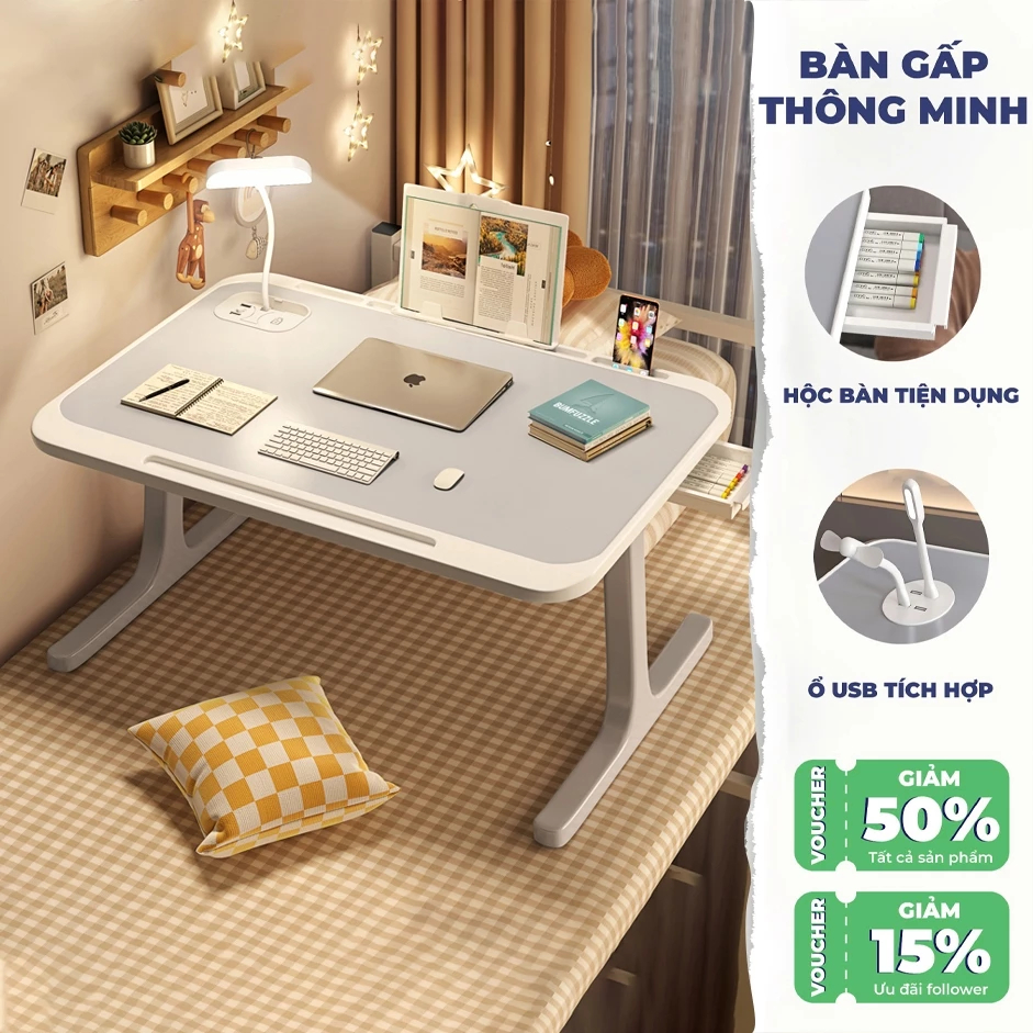 Bàn Gấp Gọn Thông Minh Tiện Dụng Tích Hợp Cổng Sạc USB, Đèn, Quạt MIni Cho Mọi Gia Đình