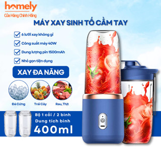 Máy Xay Sinh Tố Cầm Tay Mini Không Dây 40W, Máy Say Sinh Tố Có 6 Lưỡi Dao Không Gỉ Sét Kèm Cáp Sạc USB Tiện Dụng HOMELY