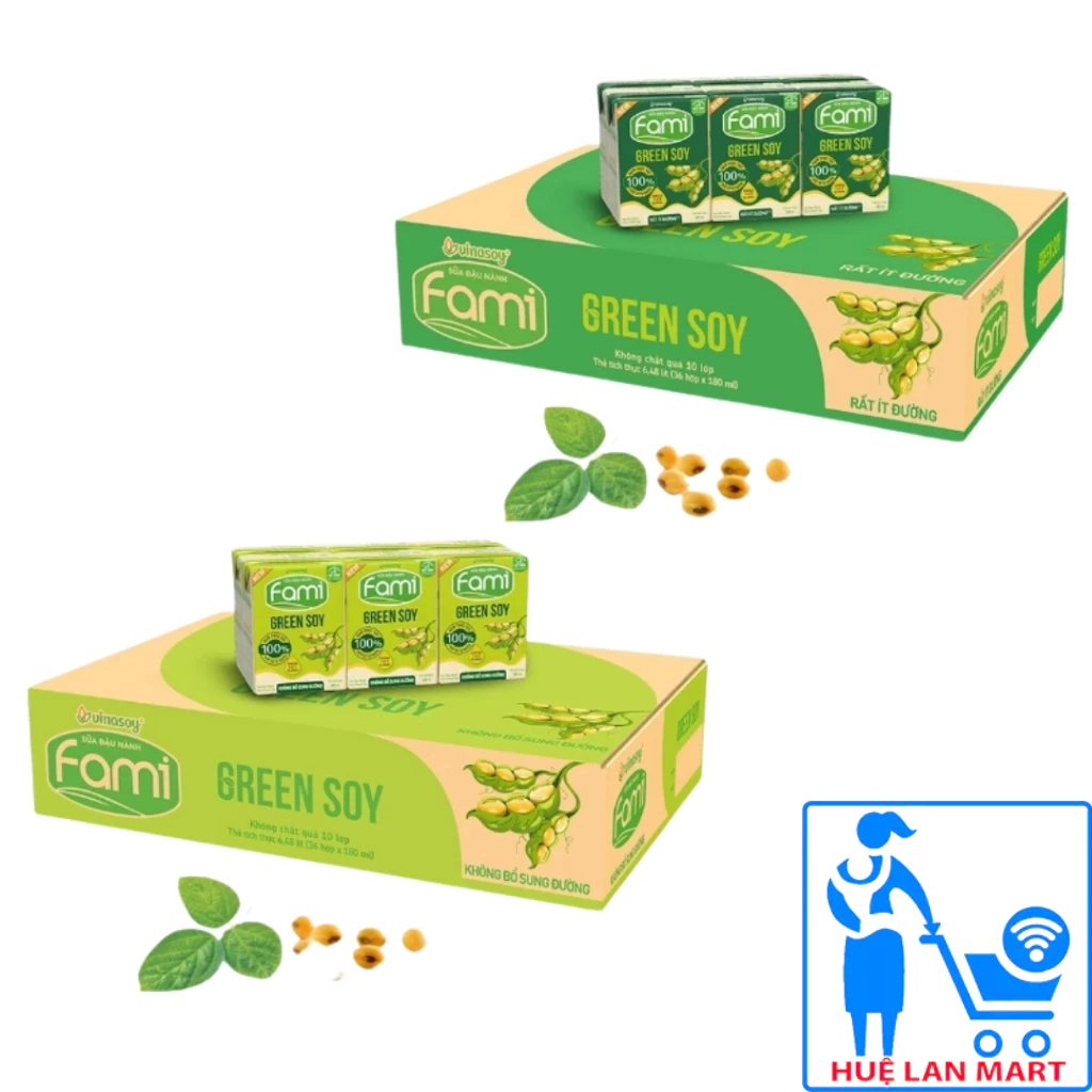 Thùng sữa đậu nành Fami Green Soy rất ít đường/ không bổ sung đường (Thùng 36 hộp x 180ml)