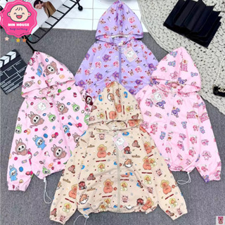 (20-50kg) ÁO KHOÁC gió 2 lớp in tràn hình Labubu, Kuromi, Capybara , Baby Three cho bé trai và bé gái