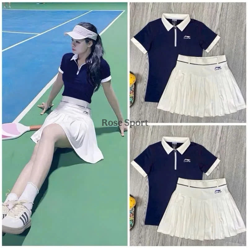 Bộ Váy Thể Thao Nữ LiNing Dáng Xếp Ly Kèm Áo Cổ Trụ Khoá Kéo, Quần Áo Tennis, Cầu Lông, Golf, Pickleball,..