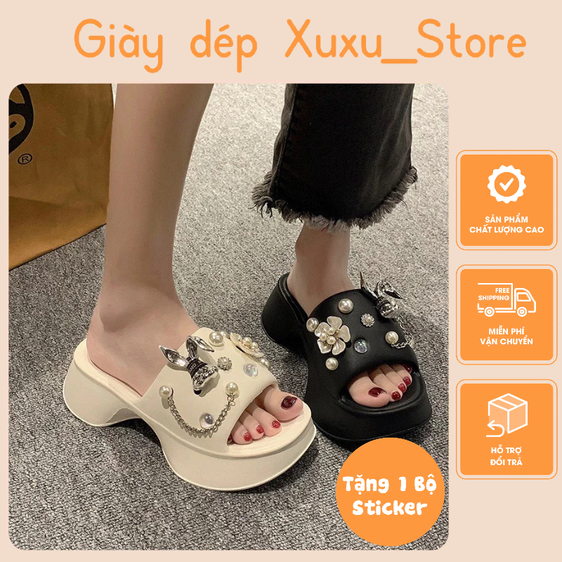 Dép Nữ Đế Dày Mũi Vuông Đính Charm Thỏ Ngọc - TĂNG 1 SIZE (MÃ 282 THỎ)