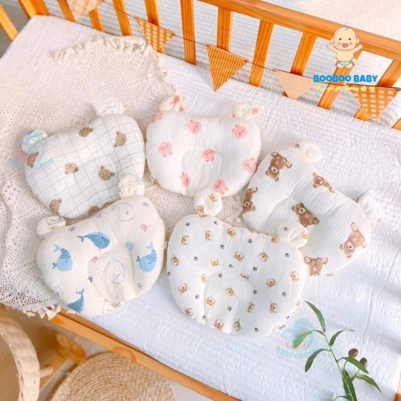 (chỉ phù hợp bé sơ sinh newborn) Gối xô sơ sinh hình tim TAI GẤU vải muslin cao cấp chống méo đầu, êm ái cho bé BB20