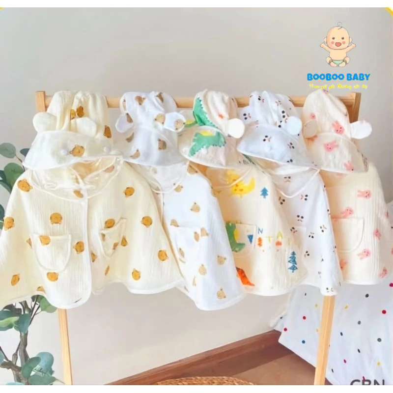 Áo Choàng KÈM KÍNH Chống Nắng Cho Bé Vải Xô Muslin/ĐŨI GÂN Hàn Chống Bụi Có Cúc Bấm Tháo Rời (0-4 tuổi) BB241