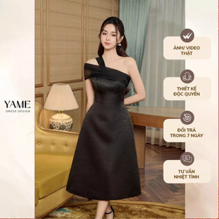  Váy nữ dáng A cúp ngực dây tơ xếp nhún bắt dây vai màu đen vải tafta loang YAME YV345 