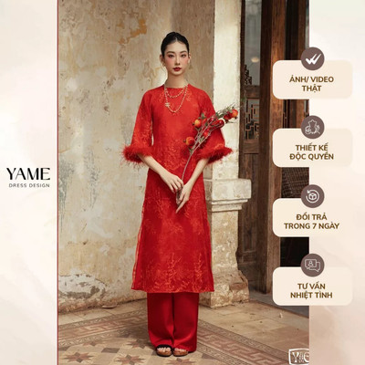 Áo dài nữ Lâm Phương vải tơ gấm thêu hoa nổi dáng suông chiết eo nhẹ đính lông cổ tròn YAME YAD588