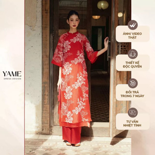  Áo dài nữ Giai Ý vải tơ thêu hoa nổi dáng suông chiết eo nhẹ cổ tàu đính nơ vai màu đỏ YAME YAD564 