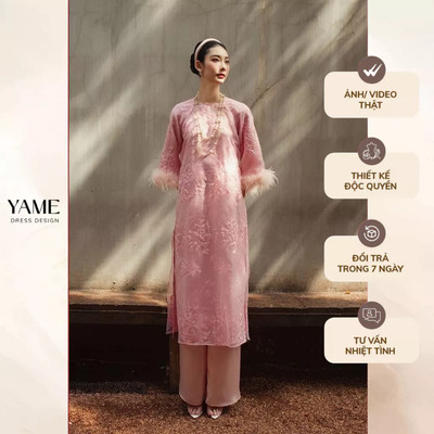 Áo dài nữ Uyển Như vải tơ gấm thêu hoa nổi dáng suông chiết ly eo nhẹ tay đính lông YAME YAD567