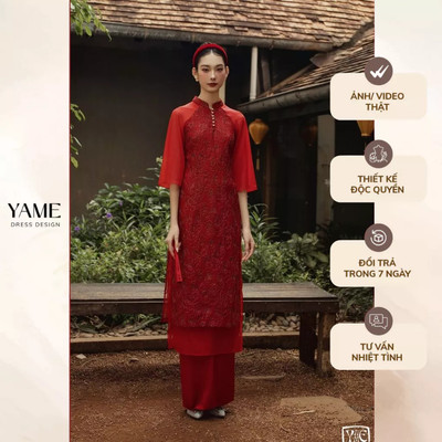 Áo dài nữ Diễm Lệ vải tơ đỏ thêu kim sa ánh nhũ dáng chiết eo nhẹ cổ tàu cúc trai tay lỡ YAME YAD579