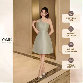 Váy nữ dáng A có cúp ngực bắt dây vai tơ xếp nhún màu xanh ngọc vải tafta loang YAME YV344