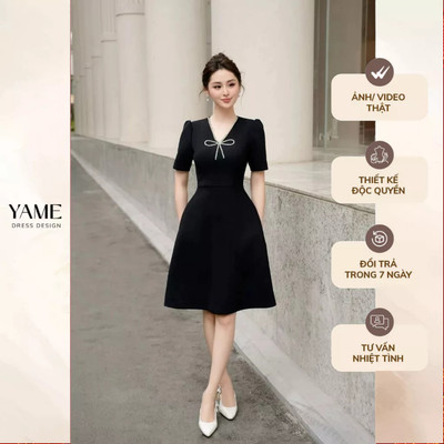 Váy nữ dáng A vải tuyết mưa đính dây kim tuyến đá hình nơ YAME YV330